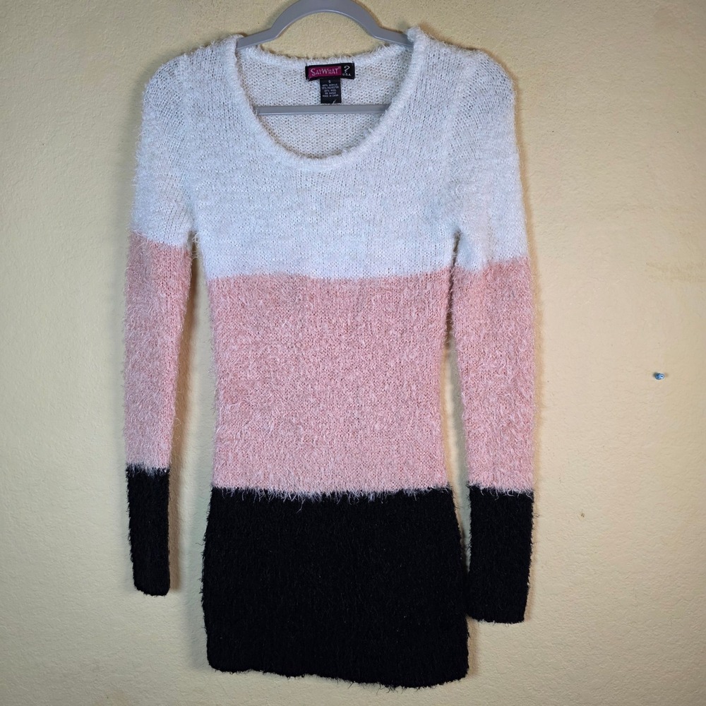 wool blend Womens Colorblock Eyelash Knit Sweater dress White Pink Black Small